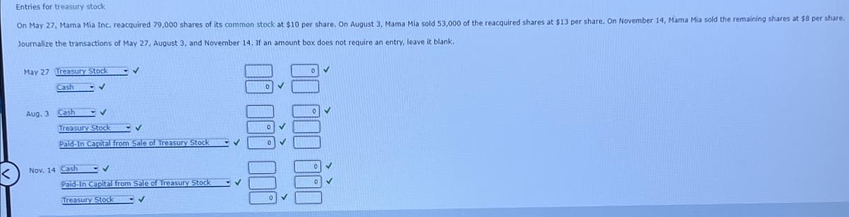 Entries for treasury stock
On May 27, Mama Mia Inc, reacquired 79,000 shares of its common stock at $10 per share. On August 3, Mama Mia sold 53,000 of the reacquired shares at $13 per share. On November 14, Mama Mia sold the remaining shares at $8 per share.
Journalize the transactions of May 27, August 3, and November 14. If an amount box does not require an entry, leave it blank.
May 27 Treasury Stock
Cash
Aug. 3
Cash
Treasury Stock
Paid-In Capital from Sale of Treasury Stock
Nov. 14 Cash
Paid-In Capital from Sale of Treasury Stock
Treasury Stock
°