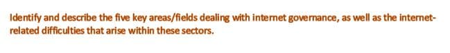 Identify and describe the five key areas/fields dealing with internet governance, as well as the internet-
related difficulties that arise within these sectors.
