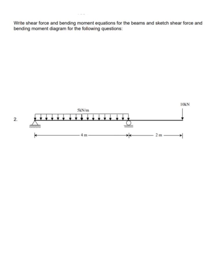 Write shear force and bending moment equations for the beams and sketch shear force and
bending moment diagram for the following questions:
10KN
SkN/m
2.
4 m
2 m
