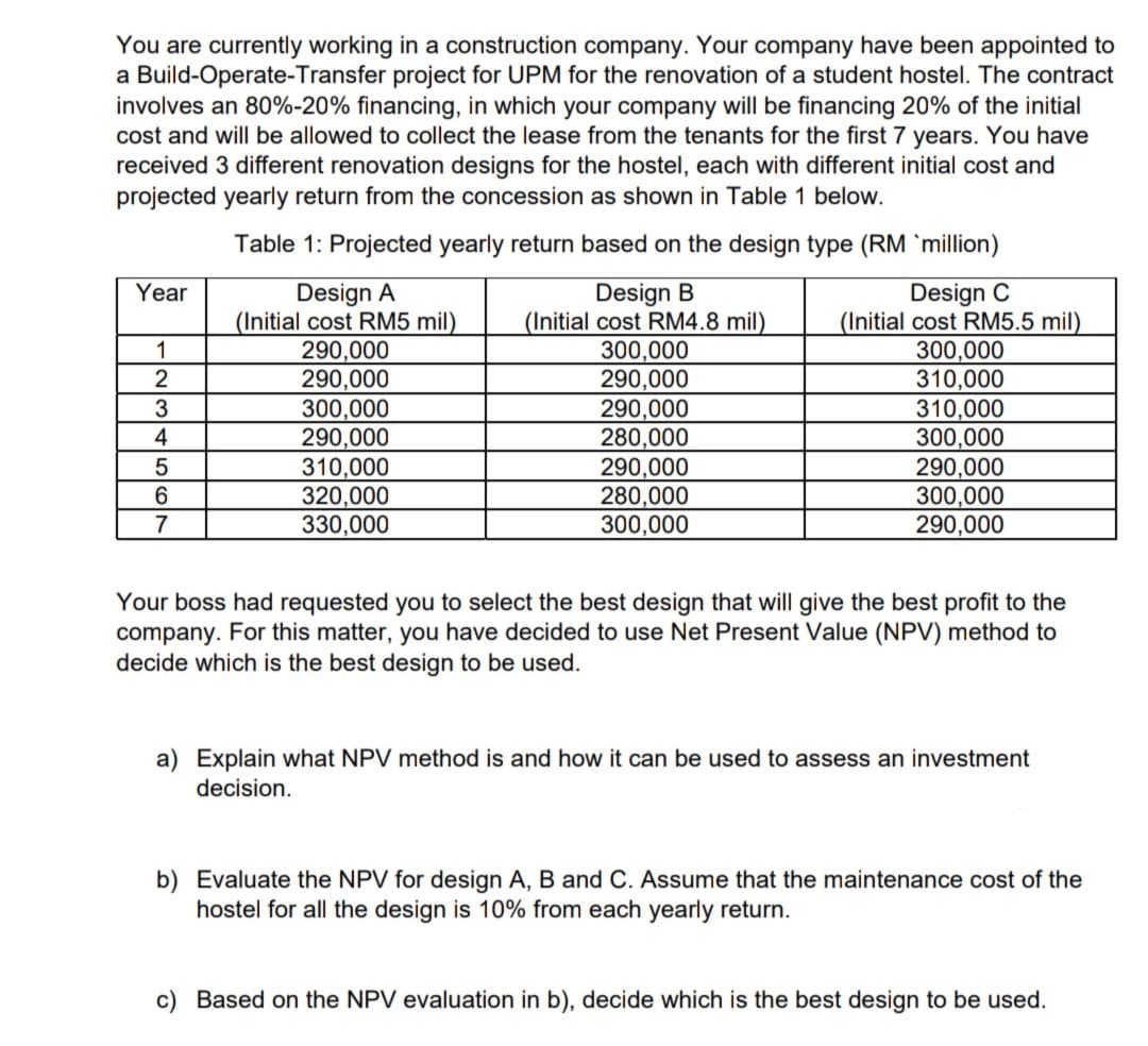 You are currently working in a construction company. Your company have been appointed to
a Build-Operate-Transfer project for UPM for the renovation of a student hostel. The contract
involves an 80%-20% financing, in which your company will be financing 20% of the initial
cost and will be allowed to collect the lease from the tenants for the first 7 years. You have
received 3 different renovation designs for the hostel, each with different initial cost and
projected yearly return from the concession as shown in Table 1 below.
Table 1: Projected yearly return based on the design type (RM 'million)
Design A
(Initial cost RM5 mil)
290,000
290,000
300,000
290,000
310,000
320,000
330,000
Design B
(Initial cost RM4.8 mil)
300,000
290,000
290,000
280,000
290,000
280,000
300,000
Design C
(Initial cost RM5.5 mil)
300,000
310,000
310,000
300,000
290,000
300,000
290,000
Year
1
3
4
6
7
Your boss had requested you to select the best design that will give the best profit to the
company. For this matter, you have decided to use Net Present Value (NPV) method to
decide which is the best design to be used.
a) Explain what NPV method is and how it can be used to assess an investment
decision.
b) Evaluate the NPV for design A, B and C. Assume that the maintenance cost of the
hostel for all the design is 10% from each yearly return.
c) Based on the NPV evaluation in b), decide which is the best design to be used.
