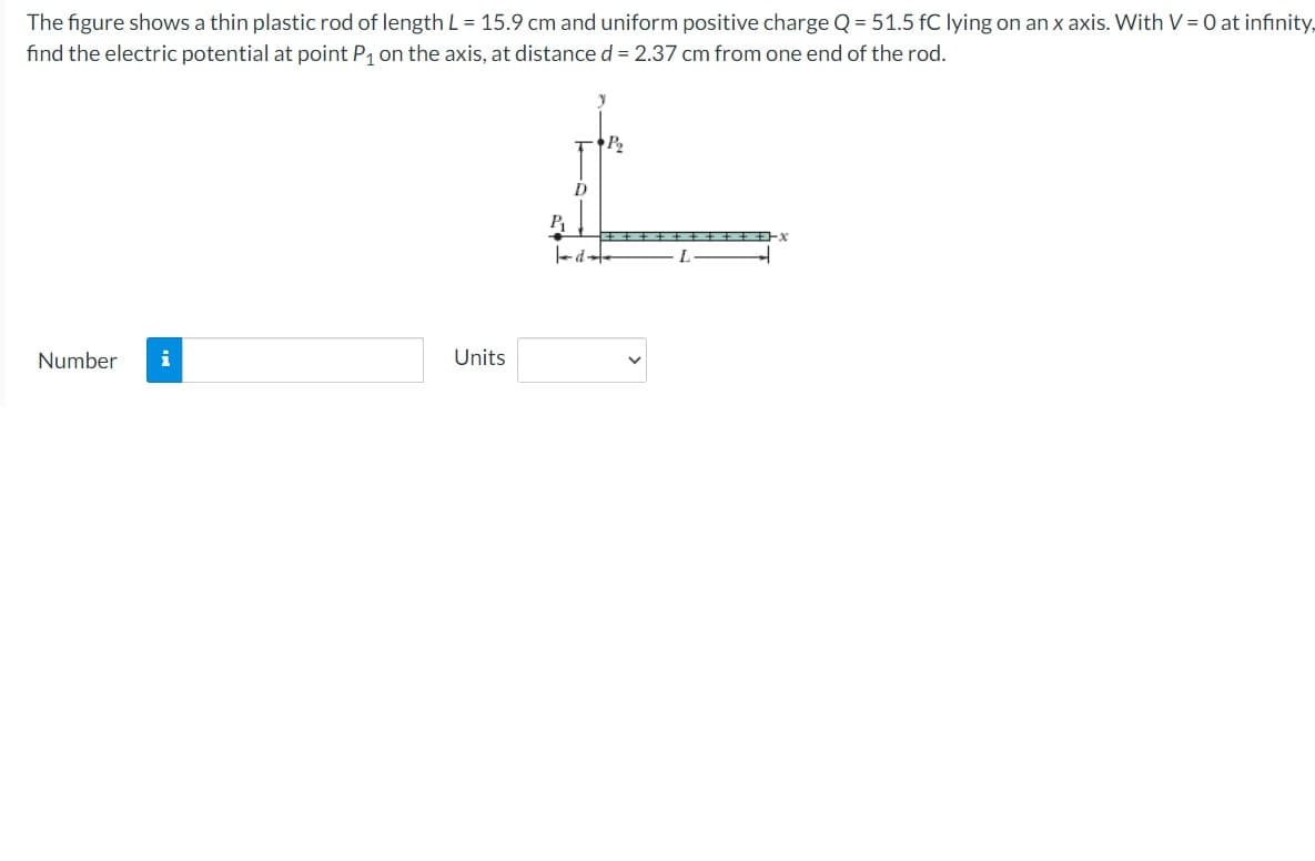 The figure shows a thin plastic rod of length L = 15.9 cm and uniform positive charge Q = 51.5 fC lying on an x axis. With V = 0 at infinity,
find the electric potential at point P₁ on the axis, at distance d = 2.37 cm from one end of the rod.
Number i
Units
P₁
D
y
P₂