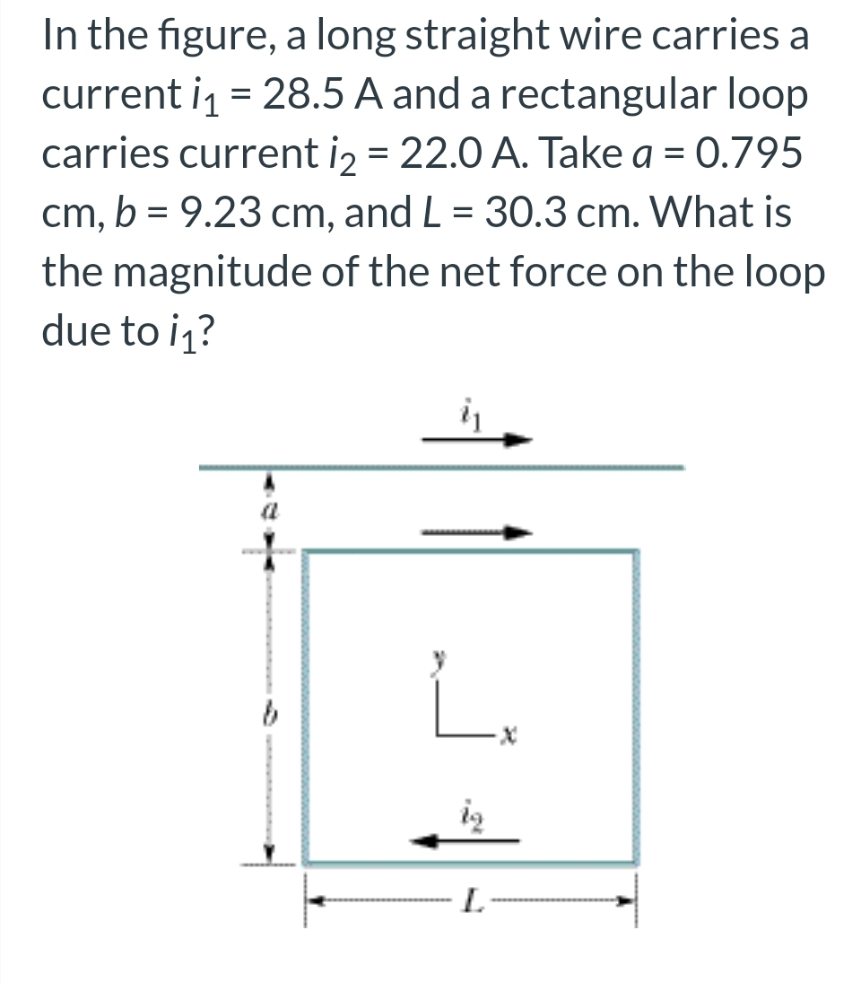 In the figure, a long straight wire carries a
current i₁ = 28.5 A and a rectangular loop
carries current i₂ = 22.0 A. Take a = 0.795
cm, b = 9.23 cm, and L = 30.3 cm. What is
the magnitude of the net force on the loop
due to i₁?
i₁
L
L