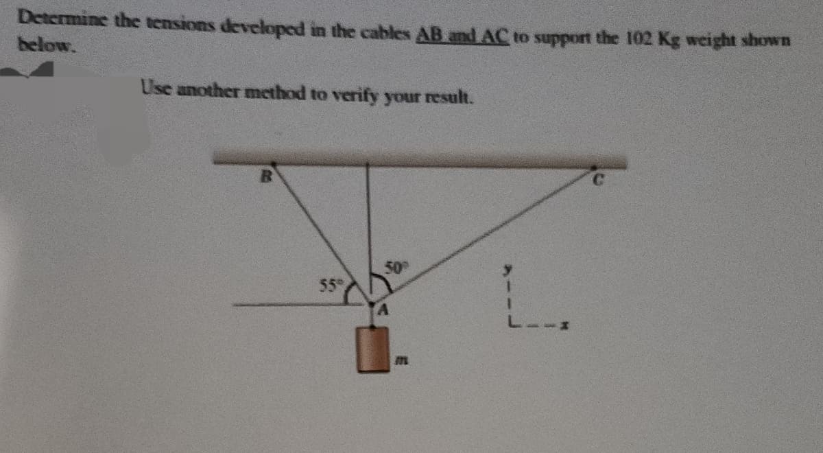 Determine the tensions developed in the cables AB and AC to support the 102 Kg weight shown
below.
Use another method to verify your result.
55°
50°
m