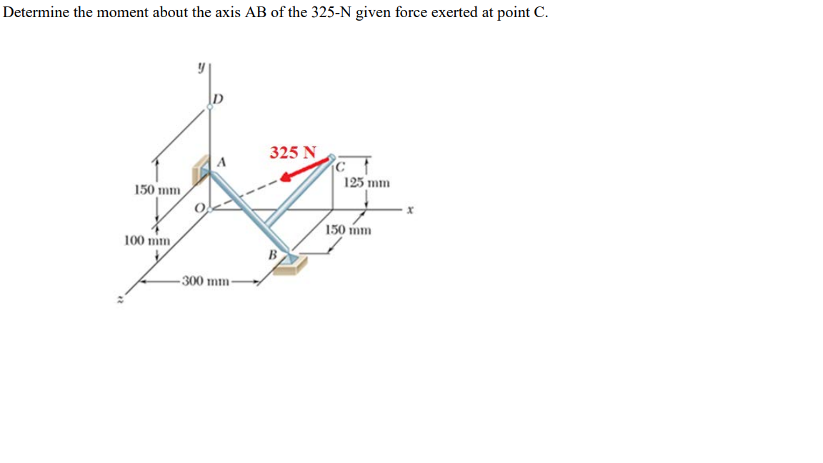 Determine the moment about the axis AB of the 325-N given force exerted at point C.
150 mm
y
325 N
A
C
125 mm
100 mm
B
-300 mm-
150 mm
x