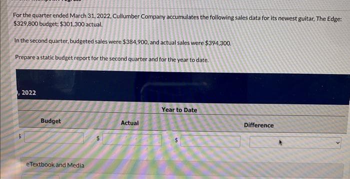 For the quarter ended March 31, 2022, Cullumber Company accumulates the following sales data for its newest guitar, The Edge:
$329,800 budget; $301,300 actual.
In the second quarter, budgeted sales were $384,900, and actual sales were $394,300.
Prepare a static budget report for the second quarter and for the year to date.
2022
Budget
eTextbook and Media
Actual
Year to Date
Difference