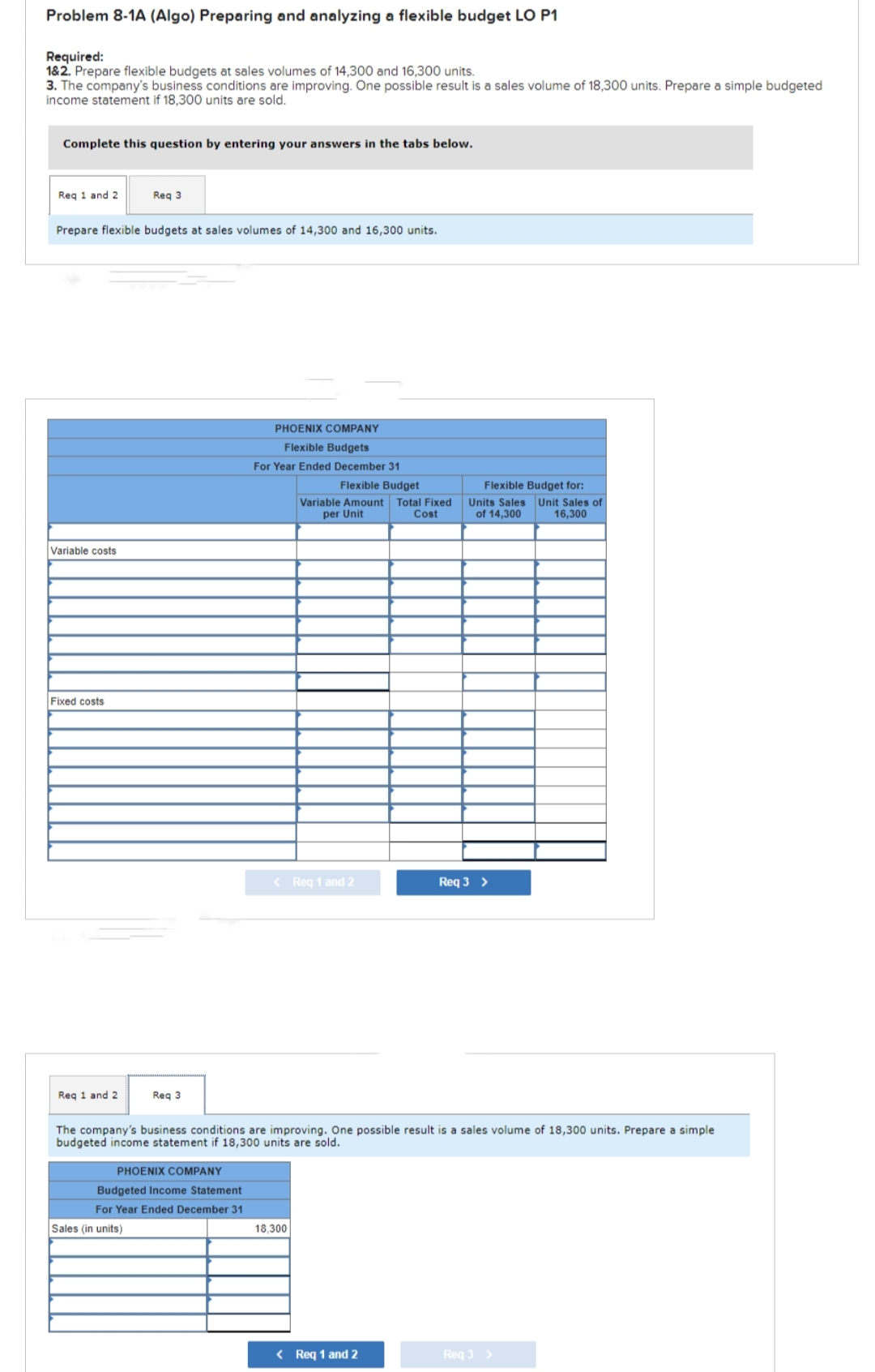 Problem 8-1A (Algo) Preparing and analyzing a flexible budget LO P1
Required:
1&2. Prepare flexible budgets at sales volumes of 14,300 and 16,300 units.
3. The company's business conditions are improving. One possible result is a sales volume of 18,300 units. Prepare a simple budgeted
income statement if 18,300 units are sold.
Complete this question by entering your answers in the tabs below.
Req 1 and 2
Prepare flexible budgets at sales volumes of 14,300 and 16,300 units.
Variable costs
Fixed costs
Req 1 and 2
Req 3
Req 3
PHOENIX COMPANY
Sales (in units)
Budgeted Income Statement
For Year Ended December 31
PHOENIX COMPANY
Flexible Budgets
For Year Ended December 31
Flexible Budget
Variable Amount Total Fixed
per Unit
Cost
< Req 1 and 2
The company's business conditions are improving. One possible result is a sales volume of 18,300 units. Prepare a simple
budgeted income statement if 18,300 units are sold.
18,300
Flexible Budget for:
Units Sales Unit Sales of
of 14,300 16,300
< Req 1 and 2
Req 3 >
Req 3 >