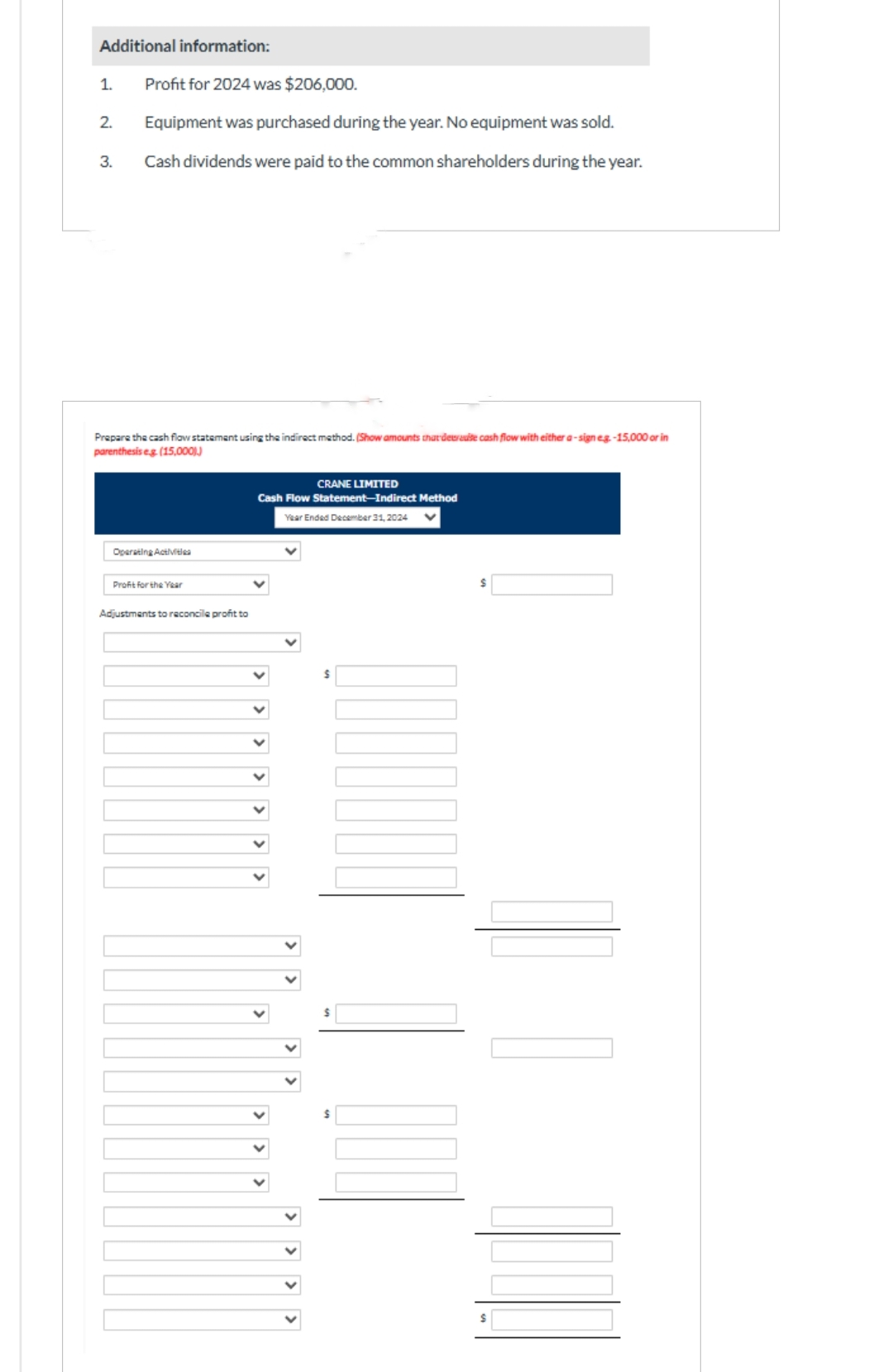 Additional information:
Profit for 2024 was $206,000.
Equipment was purchased during the year. No equipment was sold.
3. Cash dividends were paid to the common shareholders during the year.
1.
2.
Prepare the cash flow statement using the indirect method. (Show amounts that deurauite cash flow with either a-sign e.g.-15,000 or in
parenthesis eg. (15,000))
Operating Activities
Profit for the Year
Adjustments to reconcile profit to
CRANE LIMITED
Cash Flow Statement-Indirect Method
Year Ended December 31, 2024 V
$
inl