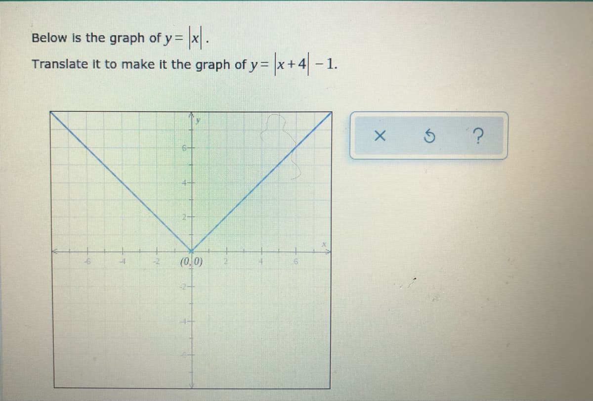 Below is the graph of y= x.
Translate it to make it the graph of y= x+.
*+4/-1.
6-
(0,0)
