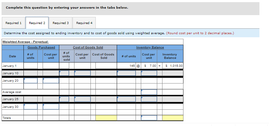 Complete this question by entering your answers in the tabs below.
Required 1 Required 2
Determine the cost assigned to ending inventory and to cost of goods sold using weighted average. (Round cost per unit to 2 decimal places.)
Weighted Average - Perpetual:
Date
January 1
January 10
January 20
Average cost
January 25
January 30
Totals
Required 3
Goods Purchased
# of
units
Cost per
unit
Required 4
# of
units
sold
Cost of Goods Sold
Cost per Cost of Goods
unit
Sold
# of units
Inventory Balance
Cost per
unit
145 @
$ 7.00 =
Inventory
Balance
$ 1.015.00