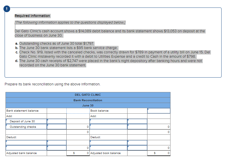 Required Information
[The following Information applies to the questions displayed below.]
Del Gato Clinic's cash account shows a $14,089 debit balance and its bank statement shows $13,053 on deposit at the
close of business on June 30.
a. Outstanding checks as of June 30 total $1,797.
b. The June 30 bank statement lists a $95 bank service charge.
c. Check No. 919, listed with the canceled checks, was correctly drawn for $789 In payment of a utility bill on June 15. Del
Gato Clinic mistakenly recorded it with a debit to Utilities Expense and a credit to Cash in the amount of $798.
d. The June 30 cash receipts of $2,747 were placed in the bank's night depository after banking hours and were not
recorded on the June 30 bank statement.
Prepare its bank reconciliation using the above information.
Bank statement balance
Add:
Deposit of June 30
Outstanding checks
Deduct:
Adjusted bank balance
DEL GATO CLINIC
Bank Reconciliation
June 30
$
0
0
Book balance
Add:
Deduct:
0
0 Adjusted book balance
$
0
0