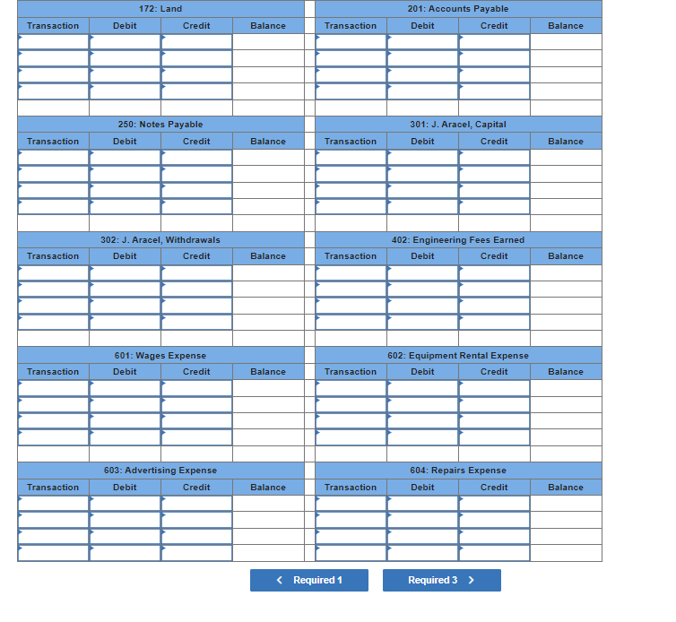 ### General Ledger Template

This image shows a General Ledger template commonly used in accounting and financial record-keeping. The template is divided into multiple sections, each representing a different account. Each section contains columns for capturing details of individual financial transactions related to that specific account. The purpose of a general ledger is to provide a detailed and organized record of all financial transactions that occur within an organization.

Here is a detailed description of each section and the columns within the template:

#### Accounts and Associated Sections

1. **172: Land**
   - **Columns**:
     - Transaction
     - Debit
     - Credit
     - Balance

2. **201: Accounts Payable**
   - **Columns**:
     - Transaction
     - Debit
     - Credit
     - Balance

3. **250: Notes Payable**
   - **Columns**:
     - Transaction
     - Debit
     - Credit
     - Balance

4. **301: J. Aracel, Capital**
   - **Columns**:
     - Transaction
     - Debit
     - Credit
     - Balance

5. **302: J. Aracel, Withdrawals**
   - **Columns**:
     - Transaction
     - Debit
     - Credit
     - Balance

6. **402: Engineering Fees Earned**
   - **Columns**:
     - Transaction
     - Debit
     - Credit
     - Balance

7. **601: Wages Expense**
   - **Columns**:
     - Transaction
     - Debit
     - Credit
     - Balance

8. **602: Equipment Rental Expense**
   - **Columns**:
     - Transaction
     - Debit
     - Credit
     - Balance

9. **603: Advertising Expense**
   - **Columns**:
     - Transaction
     - Debit
     - Credit
     - Balance

10. **604: Repairs Expense**
    - **Columns**:
      - Transaction
      - Debit
      - Credit
      - Balance

#### Navigation

At the bottom of the template, there are navigation buttons labeled "Required 1" and "Required 3". These buttons likely allow users to navigate between different sections or pages of the ledger system.

### How to Use This Template:

1. **Record Transactions**: Enter the details of each transaction in the respective rows under the "Transaction" column.
2. **Debit/Credit Entries**: Record the corresponding