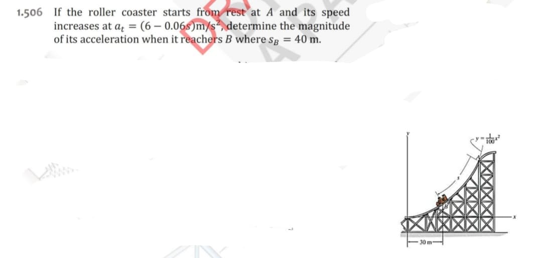 1.506 If the roller coaster starts from rest at A and its speed
increases at at = (6-0.06s)m/s², determine the magnitude
of its acceleration when it reachers B where SB = 40 m.
30 m-
100²