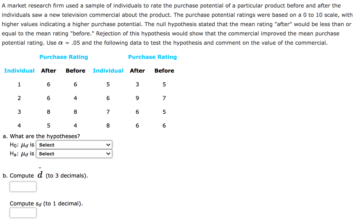 A market research firm used a sample of individuals to rate the purchase potential of a particular product before and after the
individuals saw a new television commercial about the product. The purchase potential ratings were based on a 0 to 10 scale, with
higher values indicating a higher purchase potential. The null hypothesis stated that the mean rating "after" would be less than or
equal to the mean rating "before." Rejection of this hypothesis would show that the commercial improved the mean purchase
potential rating. Use a = .05 and the following data to test the hypothesis and comment on the value of the commercial.
Purchase Rating
Purchase Rating
Individual
After
Before
Individual
After
Before
1
6.
6.
3
2
6.
4
6.
7
8
7
6.
5
4
4
8
6.
6
a. What are the hypotheses?
Ho: ld is Select
Ha: ld is select
b. Compute d (to 3 decimals).
Compute sa (to 1 decimal).
