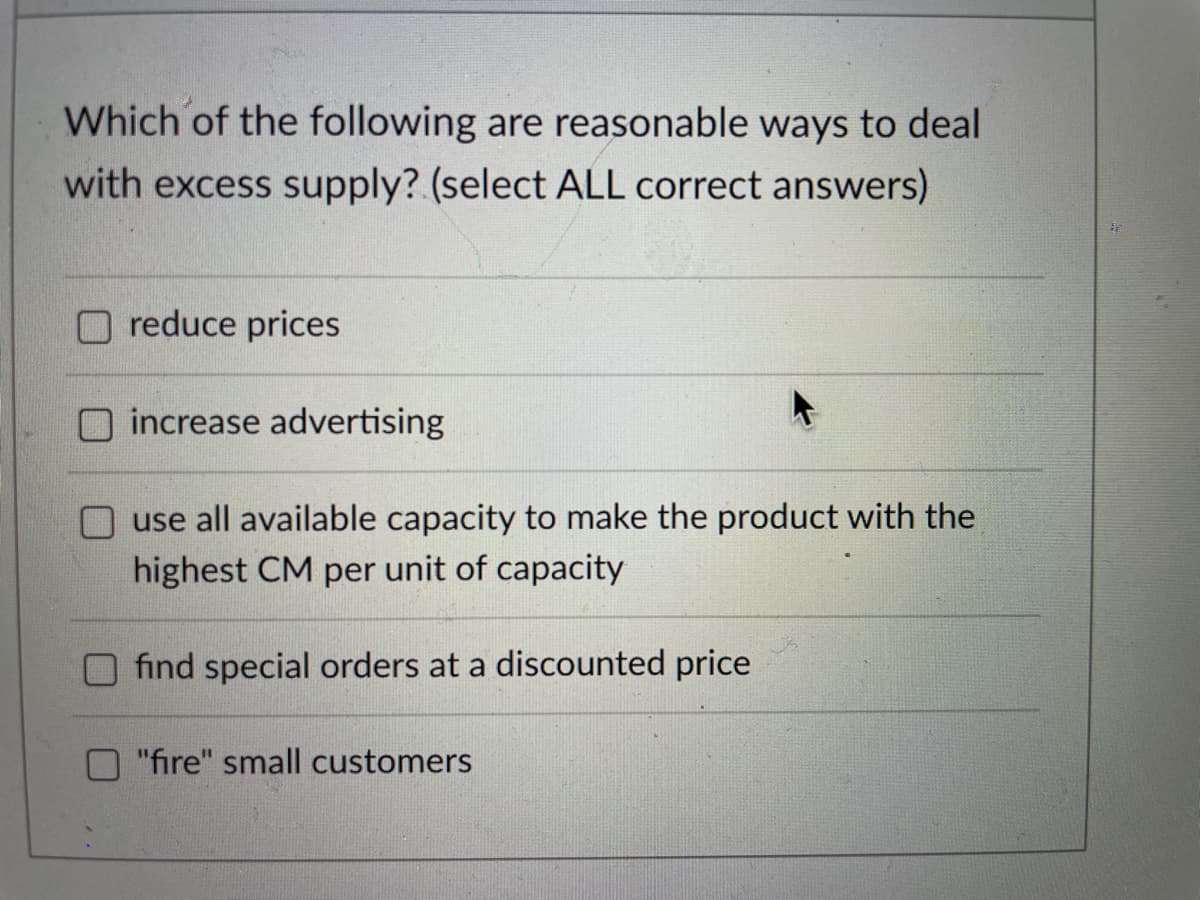 Which of the following are reasonable ways to deal
with excess supply? (select ALL correct answers)
reduce prices
increase advertising
use all available capacity to make the product with the
highest CM per unit of capacity
find special orders at a discounted price
"fire" small customers