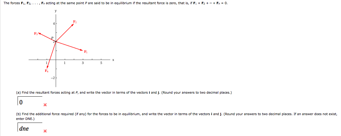 The forces F1, F2,..., Fn acting at the same point P are said to be in equilibrium if the resultant force is zero, that is, if F1+F₂ + - + Fn = 0.
F4
X
F₂
F₁
X
3
(a) Find the resultant forces acting at P, and write the vector in terms of the vectors i and j. (Round your answers to two decimal places.)
0
5
(b) Find the additional force required (if any) for the forces to be in equilibrium, and write the vector in terms of the vectors i and j. (Round your answers to two decimal places. If an answer does not exist,
enter DNE.)
dne