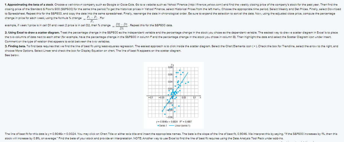 1. Approximating the beta of a stock. Choose a well-known compeny such as Google or Coco-Cola. Go to a website such os Yahoo! Finance (http://finance.yahoo.com/) and find the weekly closing price of the company's stock for the past year. Then find the
closing price of the Standord & Poor's 500 (S&P600) for the same time period.To get the historical prices in Yahoo! Finonce, select Historical Prices from the left menu. Choose the oppropriate time period. Select Weekly and Get Prices. Finally, select Download
to Spreadsheet. Repeat this for the S&P500, and copy the dato into the same spreadsheet. Finally, rearrange the data in chronological order. Be sure to expend the selection to sort all the dato. Now, using the adjusted close price, compute the percentege
change in price for each week, using the formule % change =
P.- P.„For
P.
example, if week 1 price is in cell D1 and week 2 price is in cell D2, then % change
D2 - D1Repeat this for the S&P600 data.
D1
2. Using Excel to draw a scatter diagram. Treat the percentage change in the S&P500 as the independent variable and the percentege change in the stock you chose as the dependent variable. The easiest way to drow a scatter diagram in Excel is to place
the two columns of date next to each other (for example, have the percentoge change in the S&P500 in column Fond the percentage change in the stock you chose in column G). Then highlight the doto and select the Scatter Diegram icon under Insert.
Comment on the type of relotion that appears to exist between the two variables.
3. Finding beta. To find beta requires that we find the line of best fit using least-squares regression. The easiest opproach is to click inside the scatter diagram. Select the Chart Elements icon (+). Check the box for Trendline, select the arrow to the right, and
choose More Options. Select Lineor and check the box for Display Equation on chart. The line of best fit appears on the scatter diagram.
See below.
0.08
0.04
-0,1
F0.05
0.0
01
y= 0.9046x + 0.0024 R = 0.4887
Series 1 - Linear (series 1)
The line of best fit for this data is y = 0.9046x + 0.0024. You may click on Chart Title or either axis title and insert the appropriate names. The bete is the slope of the line of best fit, 0.9046. We interpret this by saying. "If the S&P500 increases by 1%, then this
stock will increose by 0.9%, on average." Find the beto of your stock and provide on interpretation. NOTE: Another way to use Excel to find the line of best fit requires using the Dote Analysis Tool Pock under add-ins.
