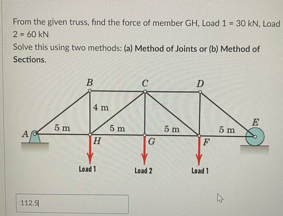 From the given truss, find the force of member GH, Load 1 = 30 kN, Load
2 = 60 kN
Solve this using two methods: (a) Method of Joints or (b) Method of
Sections.
A
112.5
5 m
B
4 m
H
Load 1
5 m
G
Load 2
5 m
F
Load 1
5 m
4
G