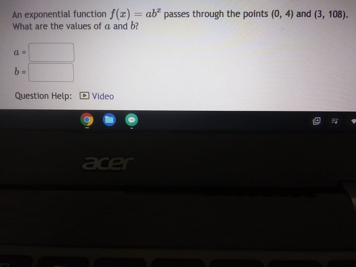 ### Understanding Exponential Functions

An exponential function is a mathematical expression in the form \( f(x) = ab^x \), where:
- \( a \) is a constant that represents the initial amount (when \( x = 0 \)).
- \( b \) is the base of the exponential, representing the growth factor if \( b > 1 \) or the decay factor if \( 0 < b < 1 \).
- \( x \) is the variable.

#### Example Problem:

Determine the values of \( a \) and \( b \) for the exponential function \( f(x) = ab^x \) that passes through the points \( (0, 4) \) and \( (3, 108) \).

To solve this, follow these steps:

1. **Substitute the points into the function:**

    For the point \( (0, 4) \):
    \[ 4 = ab^0 \]
    \[ 4 = a \cdot 1 \]
    \[ a = 4 \]

    For the point \( (3, 108) \):
    \[ 108 = 4b^3 \]

2. **Solve for \( b \):**
    \[ 108 = 4b^3 \]
    \[ b^3 = \frac{108}{4} \]
    \[ b^3 = 27 \]
    \[ b = \sqrt[3]{27} \]
    \[ b = 3 \]

Therefore, the values are:
\[ a = 4 \]
\[ b = 3 \]

### Input Section

Please enter the values of \( a \) and \( b \) in the boxes provided below:
```
a = [    ]
b = [    ]
```

**Question Help:**
For more assistance, click on the video link below:
[![Video](video_link_placeholder)](video_link)

### Explanation:

- The **initial point (0, 4)** helps determine the value of \( a \).
- The **second point (3, 108)** helps to solve for \( b \) when substituted back into the function after solving for \( a \).
- The function \( f(x) \) is completely defined once the values of \( a \) and \( b \) are known.

This foundational understanding of exponential functions is critical for algebra and pre