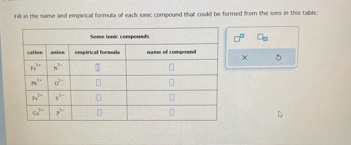 Fill in the name and empirical formula of each ionic compound that could be formed from the ions in this table:
cation anion
3+
Fe
2+
Pb
2+
Fe
Co³+
N³-
$²
p³-
Some ionic compounds
empirical formula
0
name of compound
X
00
&