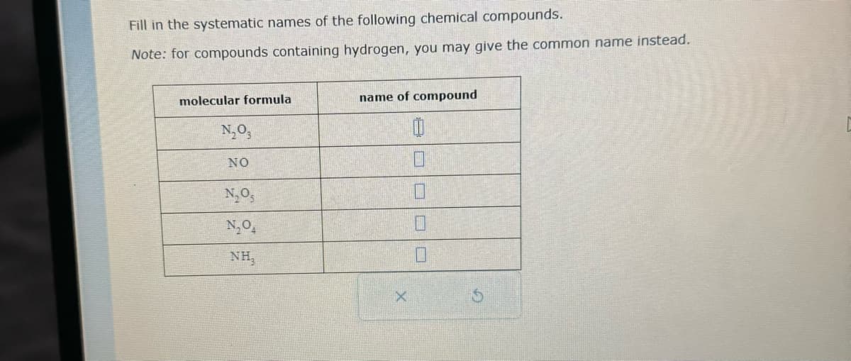 Fill in the systematic names of the following chemical compounds.
Note: for compounds containing hydrogen, you may give the common name instead.
molecular formula
N₂03
NO
N₂O5
N₂O4
NH₂
name of compound
0
X
0