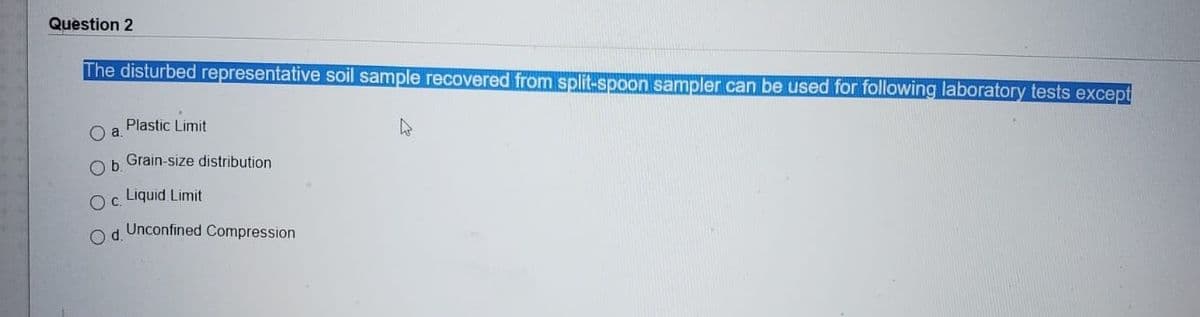 Question 2
The disturbed representative soil sample recovered from split-spoon sampler can be used for following laboratory tests except
Plastic Limit
O a
Ob Grain-size distribution
Oc Liquid Limit
Unconfined Compression
Od.
