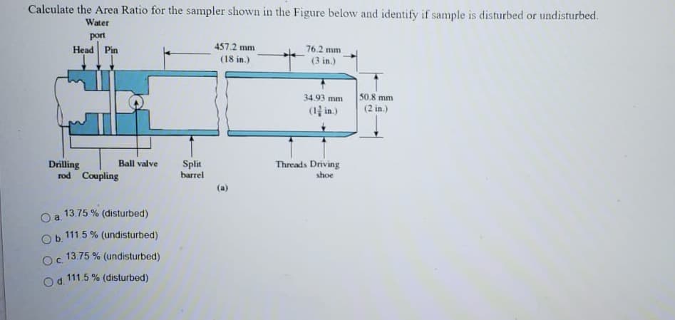 Calculate the Area Ratio for the sampler shown in the Figure below and identify if sample is disturbed or undisturbed.
Water
port
Head Pin
457.2 mm
76.2 mm
(18 in.)
(3 in.)
50.8 mm
(2 in.)
34.93 mm
( in.)
Ball valve
Drilling
rod Coupling
Split
barrel
Threads Driving
shoe
13.75 % (disturbed)
a.
Ob 111.5 % (undisturbed)
13.75 % (undisturbed)
Oc.
111.5 % (disturbed)
Od.
