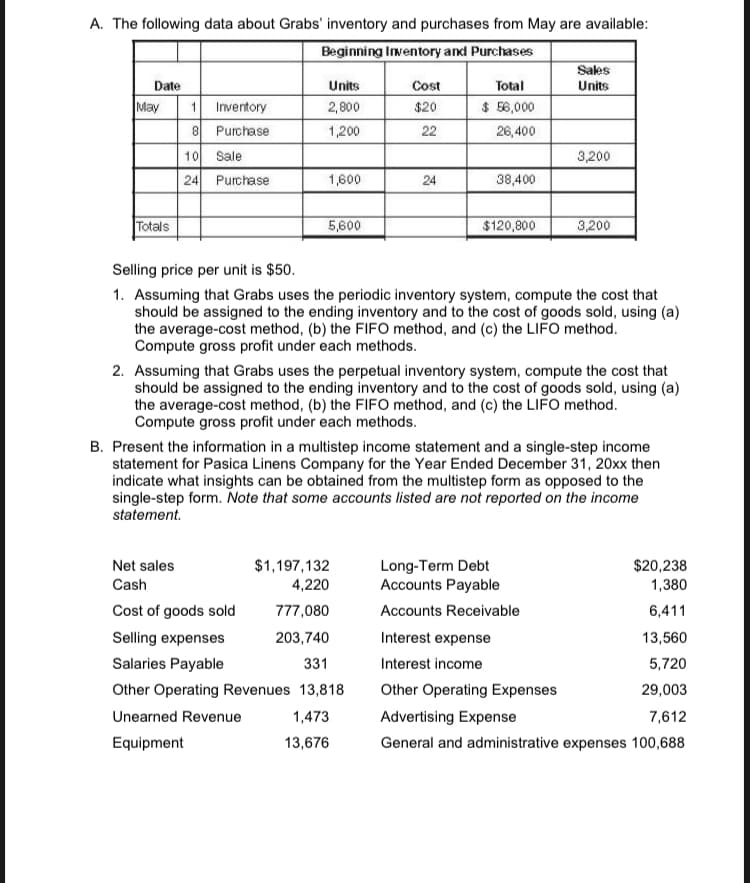 A. The following data about Grabs' inventory and purchases from May are available:
Beginning Inventory and Purchases
Sales
Date
Units
Cost
Total
Units
1 Inventory
8 Purchase
10 Sale
24 Purchase
May
2,800
$20
$ 56,000
1,200
22
26,400
3,200
1,600
24
38,400
Totals
5,600
$120,800
3,200
Selling price per unit is $50.
1. Assuming that Grabs uses the periodic inventory system, compute the cost that
should be assigned to the ending inventory and to the cost of goods sold, using (a)
the average-cost method, (b) the FIFO method, and (c) the LIFO method.
Compute gross profit under each methods.
2. Assuming that Grabs uses the perpetual inventory system, compute the cost that
should be assigned to the ending inventory and to the cost of goods sold, using (a)
the average-cost method, (b) the FIFO method, and (c) the LIFO method.
Compute gross profit under each methods.
B. Present the information in a multistep income statement and a single-step income
statement for Pasica Linens Company for the Year Ended December 31, 20xx then
indicate what insights can be obtained from the multistep form as opposed to the
single-step form. Note that some accounts listed are not reported on the income
statement.
$1,197,132
4,220
Long-Term Debt
Accounts Payable
Net sales
$20,238
Cash
1,380
Cost of goods sold
777,080
Accounts Receivable
6,411
Selling expenses
203,740
Interest expense
13,560
Salaries Payable
331
Interest income
5,720
Other Operating Revenues 13,818
Other Operating Expenses
29,003
Unearned Revenue
1,473
Advertising Expense
7,612
Equipment
13,676
General and administrative expenses 100,688
