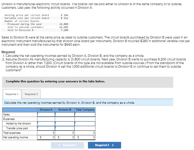 Division A manufactures electronic circult boards. The boards can be sold elther to Division of the same company or to outside
customers. Last year, the following activity occurred in Division A:
Selling price per circuit board
Variable cost per circuit board
Number of circuit boards:
Produced during the year
Sold to outside customers
Sold to Division B
Sales to Division B were at the same price as sales to outside customers. The circuit boards purchased by Division B were used in an
electronic Instrument manufactured by that division (one board per instrument). Division B incurred $280 In additional variable cost per
Instrument and then sold the Instruments for $640 each.
Required:
1. Calculate the net operating incomes earned by Division A, Division B, and the company as a whole.
2. Assume Division A's manufacturing capacity is 21,800 circuit boards. Next year, Division B wants to purchase 8,200 circuit boards
from Division A rather than 7,200. (Circult boards of this type are not available from outside sources.) From the standpoint of the
company as a whole, should Division A sell the 1,000 additional circuit boards to Division B or continue to sell them to outside
customers?
Complete this question by entering your answers in the tabs below.
Sales
Expenses:
$184
$ 112
21,800
14,600
7,200
Required 1 Required 2
Calculate the net operating incomes earned by Division A, Division B, and the company as a whole.
Division A
Division B Total Company
Added by the division
Transfer price paid
Total expenses
Net operating income
S
0
0 $
0
0 $
< Required 1
0
0
Required 2 >