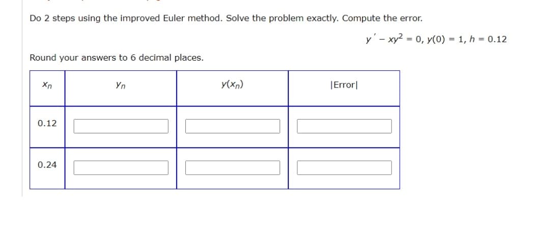 Do 2 steps using the improved Euler method. Solve the problem exactly. Compute the error.
y'- xy2 = 0, y(0) = 1, h = 0.12
Round your answers to 6 decimal places.
Xn
Yn
y(xn)
|Error|
0.12
0.24
