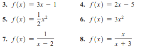 3. f(x) — Зх —1
4. f(х) — 2х — 5
%3D
%3D
5. f(x) =
6. f(x) = 3x²
1
7. S(x) =
8. f(х)
х — 2
х+3
