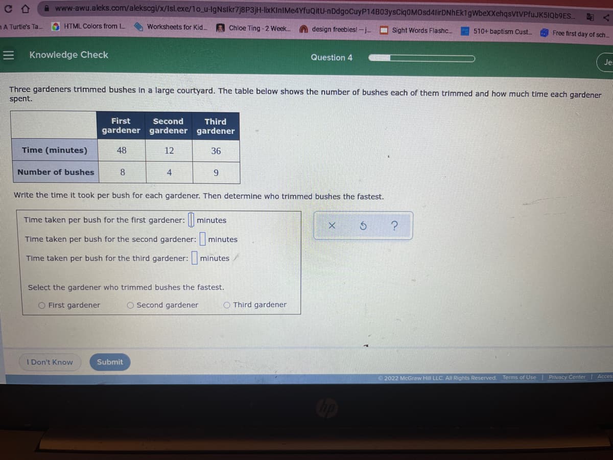 Title: Calculating the Efficiency of Gardeners

---

**Knowledge Check - Question 4**

Three gardeners trimmed bushes in a large courtyard. The table below shows the number of bushes each of them trimmed and how much time each gardener spent.

|                    | First gardener | Second gardener | Third gardener |
|--------------------|----------------|-----------------|----------------|
| **Time (minutes)** | 48             | 12              | 36             |
| **Number of bushes** | 8              | 4               | 9              |

**Task:**

Write the time it took per bush for each gardener. Then determine who trimmed the bushes the fastest.

**Fields to fill out:**

- Time taken per bush for the first gardener: \_\_\_ minutes
- Time taken per bush for the second gardener: \_\_\_ minutes
- Time taken per bush for the third gardener: \_\_\_ minutes

**Select the gardener who trimmed bushes the fastest:**
- First gardener ⃞
- Second gardener ⃞
- Third gardener ⃞

---

**Graph/Diagram Explanation:**

The table above compares the amount of time three different gardeners spent trimming bushes and the number of bushes each trimmed. Use this data to calculate each gardener's efficiency by dividing the total time spent by the number of bushes trimmed. Fill in the fields with the calculated time per bush for each gardener, then determine and select the fastest gardener based on the lowest time per bush.

---

**Button Options:**
- I Don't Know
- Submit

---

(© 2022 McGraw Hill LLC. All Rights Reserved.)