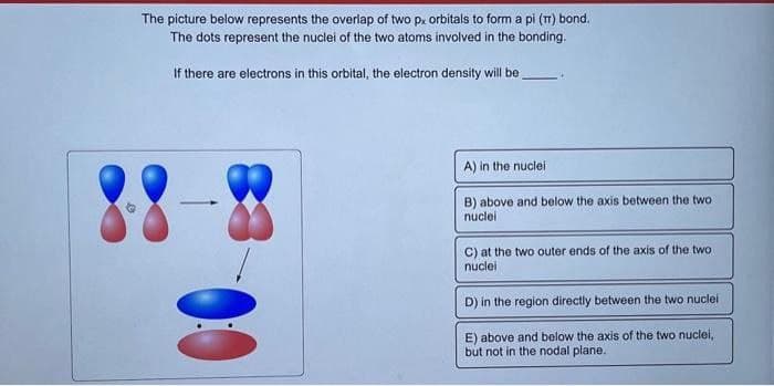 The picture below represents the overlap of two px orbitals to form a pi (T) bond.
The dots represent the nuclei of the two atoms involved in the bonding.
If there are electrons in this orbital, the electron density will be.
A) in the nuclei
B) above and below the axis between the two
nuclei
C) at the two outer ends of the axis of the two
nuclei
D) in the region directly between the two nuclei
E) above and below the axis of the two nuclei,
but not in the nodal plane.