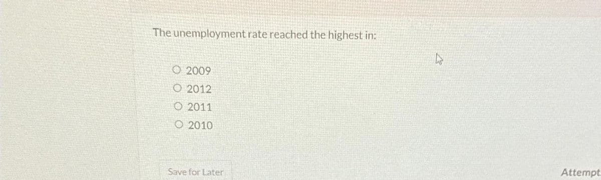 The unemployment rate reached the highest in:
O 2009
O 2012
O 2011
O 2010
Save for Later
Attempt