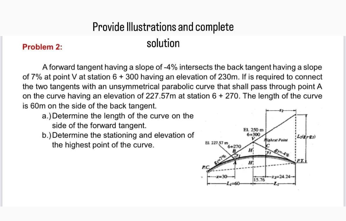 Problem 2:
Provide Illustrations and complete
solution
A forward tangent having a slope of -4% intersects the back tangent having a slope
of 7% at point V at station 6 + 300 having an elevation of 230m. If is required to connect
the two tangents with an unsymmetrical parabolic curve that shall pass through point A
on the curve having an elevation of 227.57m at station 6 + 270. The length of the curve
is 60m on the side of the back tangent.
a.) Determine the length of the curve on the
side of the forward tangent.
b.) Determine the stationing and elevation of
the highest point of the curve.
El. 227.57 m
P.C.
6+270
81-7%
30-
-L₁-60-
El. 250 m
6+300
H
Highest Point
с
32
15.76
81-4%
-2-24.24-
L:81-82)
PT.