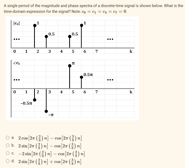 A single period of the magnitude and phase spectra of a discrete-time signal is shown below. What is the
time-domain expression for the signal? Note: Co=C₁ = C4 = C7 = 0.
|CK|
ZCK
O a.
O b.
O c.
1
O d.
1
2
0.5
3
4
0.5
1
5 6 7
π
ETH
0 1 2 3 4 5 6 7
-0.5T
-TT
0.5T
2 cos [2π ()n] - cos [2π (²) n]
2 sin [27 (3) n] - cos [2π ()n]
-2 sin [27 (3) n] - cos [2π (²)n]
2 sin [27 (3) n] + cos [2π ()n]
...
k
k