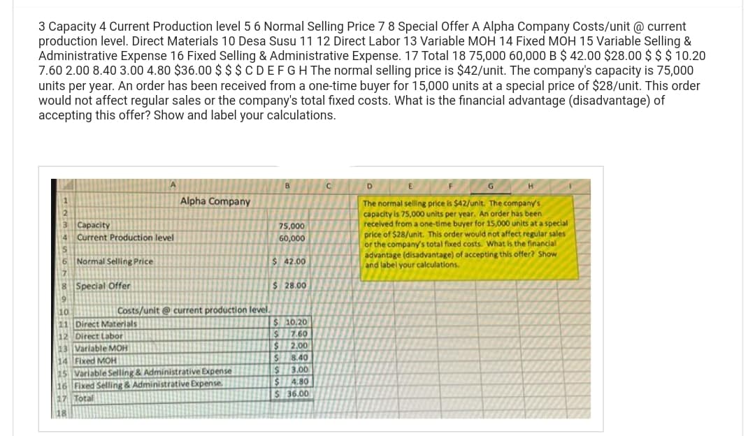 3 Capacity 4 Current Production level 5 6 Normal Selling Price 7 8 Special Offer A Alpha Company Costs/unit @ current
production level. Direct Materials 10 Desa Susu 11 12 Direct Labor 13 Variable MOH 14 Fixed MOH 15 Variable Selling &
Administrative Expense 16 Fixed Selling & Administrative Expense. 17 Total 18 75,000 60,000 B $ 42.00 $28.00 $ $ $ 10.20
7.60 2.00 8.40 3.00 4.80 $36.00 $$$ CDEFGH The normal selling price is $42/unit. The company's capacity is 75,000
units per year. An order has been received from a one-time buyer for 15,000 units at a special price of $28/unit. This order
would not affect regular sales or the company's total fixed costs. What is the financial advantage (disadvantage) of
accepting this offer? Show and label your calculations.
1
3 Capacity
4
S
6
7
8 Special Offer
9
Current Production level
Normal Selling Price
10
11
12 Direct Labor
A
Costs/unit @ current production level.
Direct Materials
13 Variable MOH
14 Fixed MOH
Alpha Company
15 Variable Selling & Administrative Expense
16 Fixed Selling & Administrative Expense.
17 Total
18
В
75,000
60,000
$42.00
$28.00
$10.20
$ 7.60
$ 2.00
$8.40
$3.00
$4.80
$36.00
C
D
E
F
G
The normal selling price is $42/unit. The company's
capacity is 75,000 units per year. An order has been i
received from a one-time buyer for 15,000 units at a special
price of $28/unit. This order would not affect regular sales
or the company's total fixed costs. What is the financial
advantage (disadvantage) of accepting this offer? Show
and label your calculations.
H