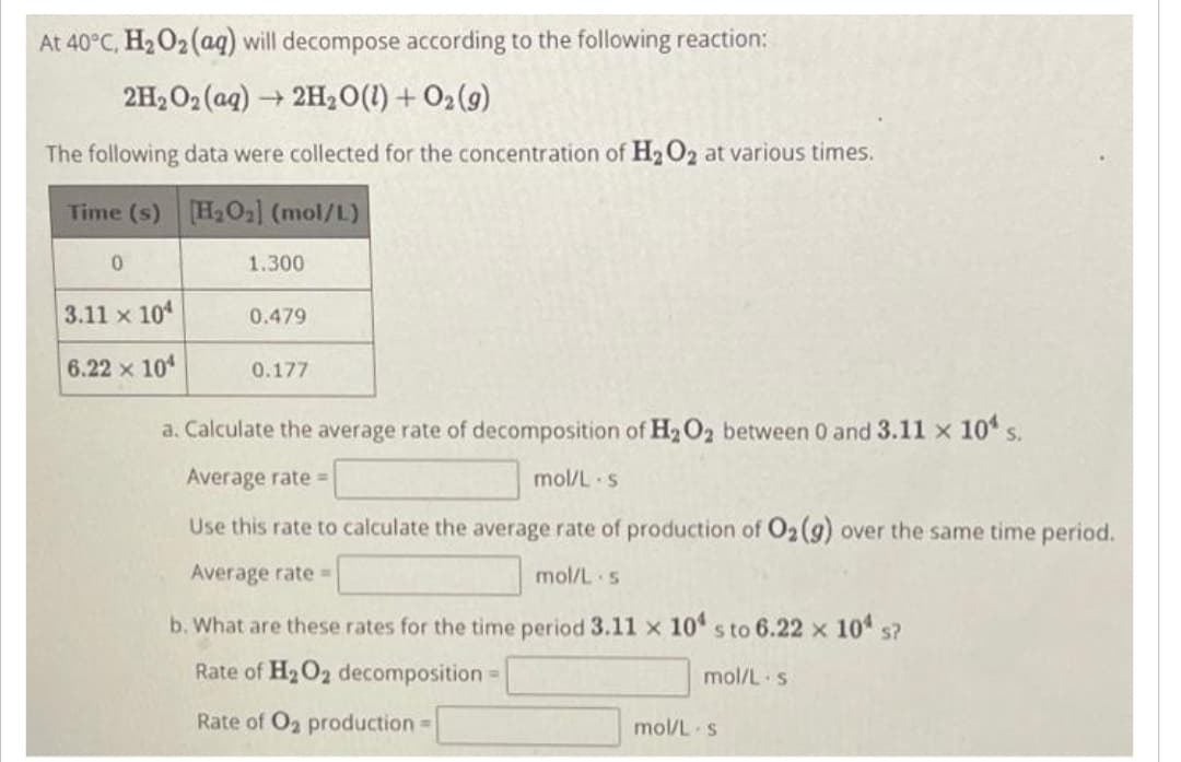 At 40°C, H₂O₂ (aq) will decompose according to the following reaction:
2H₂O2 (aq) → 2H₂O(l) + O₂(g)
The following data were collected for the concentration of H₂O2 at various times.
Time (s) [H₂O₂] (mol/L)
0
3.11 x 104
6.22 × 10
1.300
0.479
0.177
a. Calculate the average rate of decomposition of H₂O₂ between 0 and 3.11 × 10¹ s.
Average rate=
mol/L s
Use this rate to calculate the average rate of production of O₂(g) over the same time period.
Average rate=
mol/L s
b. What are these rates for the time period 3.11 x 104 s to 6.22 × 10¹ s?
Rate of H₂O₂ decomposition=
mol/L s
Rate of O₂ production=
mol/L s