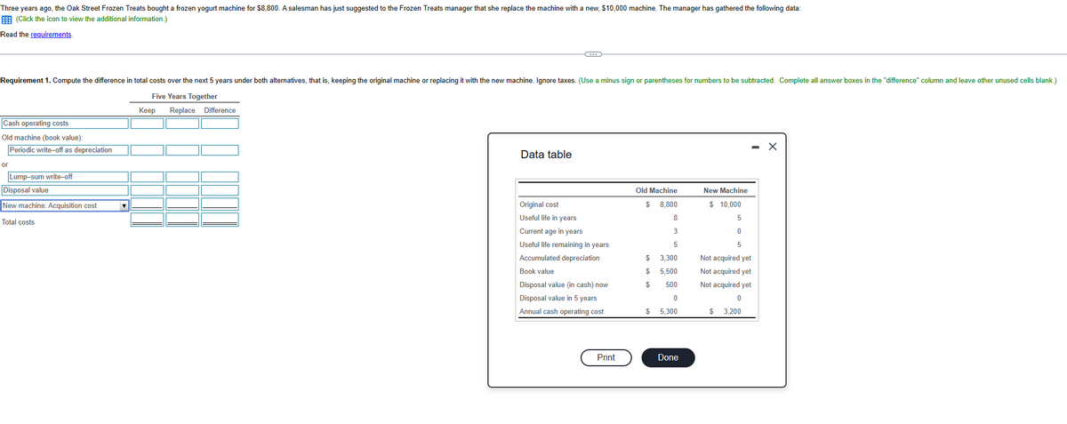 Three years ago, the Oak Street Frozen Treats bought a frozen yogurt machine for $8,800. A salesman has just suggested to the Frozen Treats manager that she replace the machine with a new, $10,000 machine. The manager has gathered the following data:
(Click the icon to view the additional information.)
Read the requirements.
Requirement 1. Compute the difference in total costs over the next 5 years under both alternatives, that is, keeping the original machine or replacing it with the new machine. Ignore taxes. (Use a minus sign or parentheses for numbers to be subtracted. Complete all answer boxes in the "difference" column and leave other unused cells blank.)
Five Years Together
Keep
Replace Difference
Cash operating costs
Old machine (book value):
Periodic write-off as depreciation
or
Lump-sum write-off
Disposal value
New machine: Acquisition cost
Total costs
C
Data table
Original cost
Useful life in years
Current age in years
Useful life remaining in years
Accumulated depreciation
Book value
Disposal value (in cash) now
Disposal value in 5 years
Annual cash operating cost
Print
Old Machine
$ 8,800
8
3
5
$ 3,300
$
5,500
$
500
0
5,300
$
Done
New Machine
$10,000
5
0
5
Not acquired yet
Not acquired yet
Not acquired yet
0
$ 3,200
X