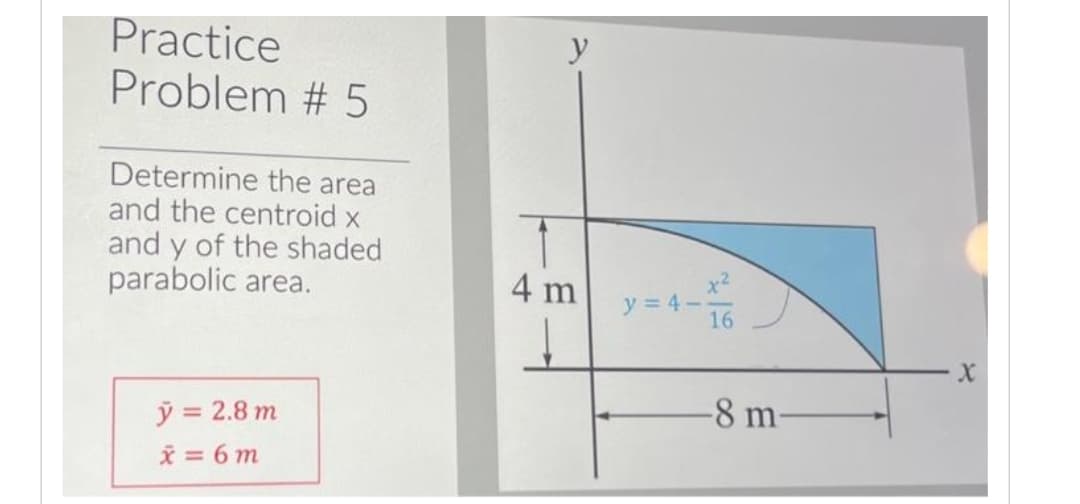 Practice
Problem # 5
Determine the area
and the centroid x
and y of the shaded
parabolic area.
y = 2.8 m
x = 6m
y
4 m y=4-
16
-8 m-
X