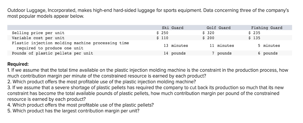 Outdoor Luggage, Incorporated, makes high-end hard-sided luggage for sports equipment. Data concerning three of the company's
most popular models appear below.
Selling price per unit
Variable cost per unit
Plastic injection molding machine processing time
required to produce one unit.
Pounds of plastic pellets per unit
Ski Guard
$ 250
$ 110
13 minutes
14 pounds
Golf Guard
$ 320
$ 200
11 minutes
7 pounds
Fishing Guard
$ 235
$ 135
5 minutes
6 pounds
Required:
1. If we assume that the total time available on the plastic injection molding machine is the constraint in the production process, how
much contribution margin per minute of the constrained resource is earned by each product?
2. Which product offers the most profitable use of the plastic injection molding machine?
3. If we assume that a severe shortage of plastic pellets has required the company to cut back its production so much that its new
constraint has become the total available pounds of plastic pellets, how much contribution margin per pound of the constrained
resource is earned by each product?
4. Which product offers the most profitable use of the plastic pellets?
5. Which product has the largest contribution margin per unit?