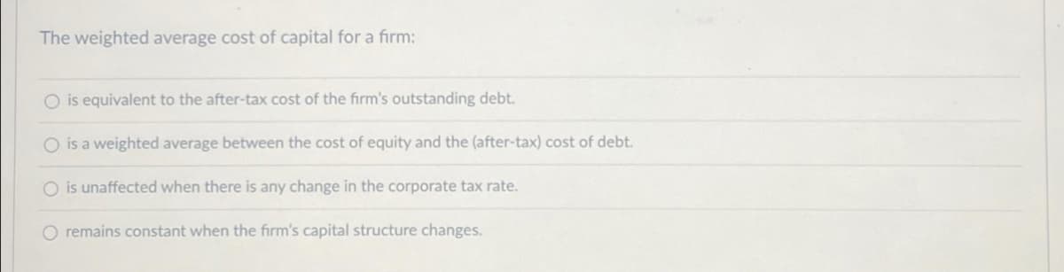 The weighted average cost of capital for a firm:
O is equivalent to the after-tax cost of the firm's outstanding debt.
O is a weighted average between the cost of equity and the (after-tax) cost of debt.
O is unaffected when there is any change in the corporate tax rate.
O remains constant when the firm's capital structure changes.