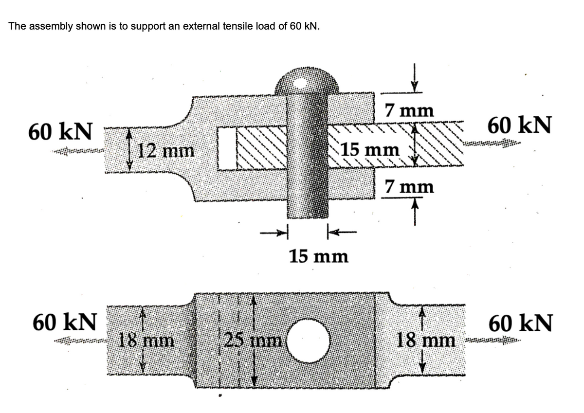 The assembly shown is to support an external tensile load of 60 kN.
60 KN
12 mm
60 KN
- 18 mm
→
25 inm
7 mm
7 mm
15 mm
15 mm
18 mm
60 kN
60 kN