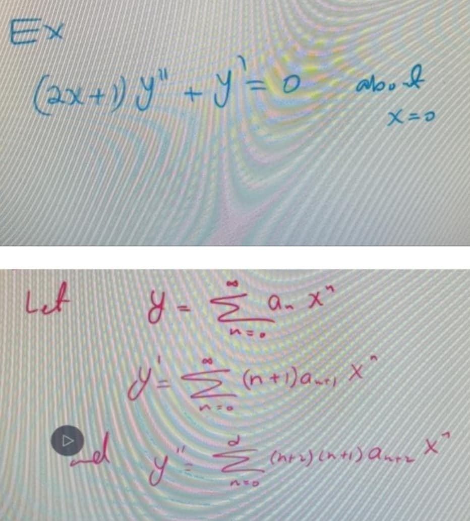 Ex
(2x+) " +y=0
X=0
Let
an x"
(n+1)an, X
Chri) cn ti) Qur
t.
MM.
