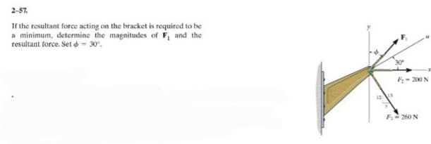 2-57.
If the resultant force acting on the bracket is required to be
a minimum, determine the magnitudes of F, and the
resultant force. Set - 30°.
12 13
F-200 N
F₁ 260 N