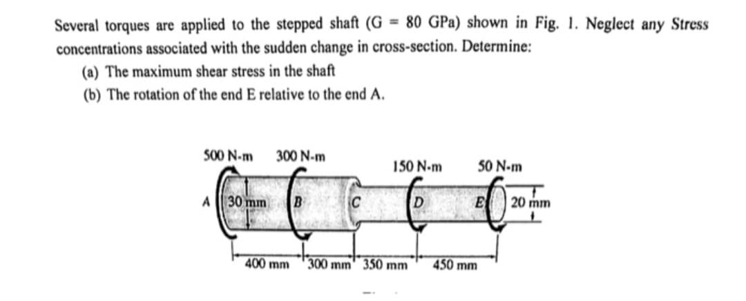 Several torques are applied to the stepped shaft (G= 80 GPa) shown in Fig. 1. Neglect any Stress
concentrations associated with the sudden change in cross-section. Determine:
(a) The maximum shear stress in the shaft
(b) The rotation of the end E relative to the end A.
500 N-m
300 N-m
FC
30 mm
400 mm
A
C
150 N-m
300 mm 350 mm
D
50 N-m
E
450 mm
20 mm