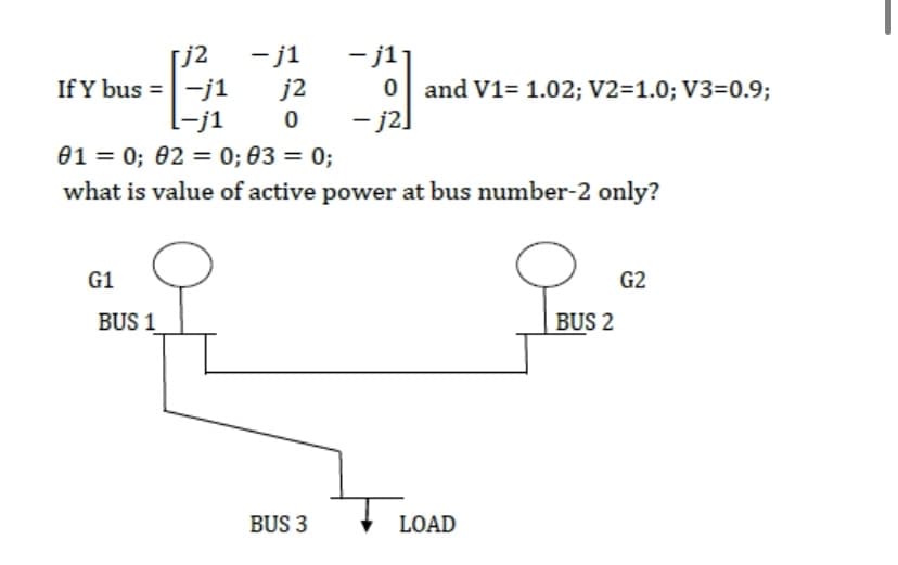 [j2
If Y bus =-j1
-j1
- j1
j2
- j1]
0| and V1= 1.02; V2=1.0; V3=0.9;
- j2]
01 = 0; 02 = 0; 03 = 0;
what is value of active power at bus number-2 only?
G1
G2
BUS 1
BUS 2
BUS 3
LOAD
