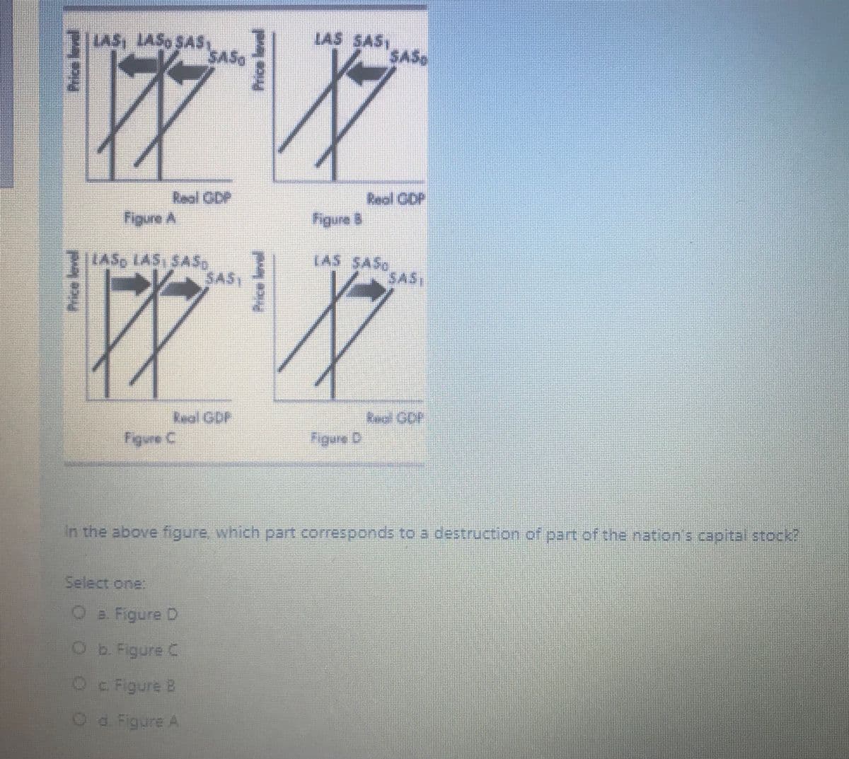 LAS SAS
SASg
LAS SAS
SAS
Real GDP
Figure A
Real GDP
Figure &
LAS LAS SAS
SAS1
LAS SASO
SAS
kwel GOP
keal GDP
Figure C
வா 8
In the above figure which part corresponds to a destruction of part of the nation s capital stock?
Select one.
e. Figure D
Ob Figure C
Oc Figure B
Od Figure A
