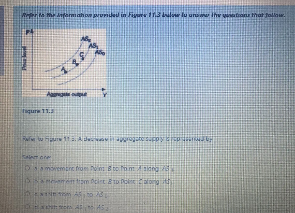 Refer to the information provided in Figure 11.3 below to answer the questions that follow.
AS,
ASo
Aaangate output
Figure 11.3
Refer to Figure 11.3. A decrease in aggregate supply is represented by
Select one:
3. a movement from Point B to Point A alcong AS,
Ob.amovement from Point B to Point Calong AS
Oca shift from AS to AS .
Odashift from AS, to AS.
