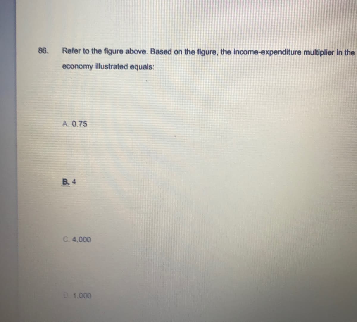 86.
Refer to the figure above. Based on the figure, the income-expenditure multiplier in the
economy illustrated equals:
A. 0.75
B. 4
C. 4,000
0.1,000
