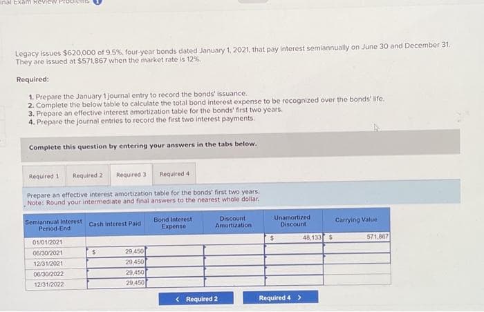 inal Exam Review Prodiens
Legacy issues $620,000 of 9.5%, four-year bonds dated January 1, 2021, that pay interest semiannually on June 30 and December 31.
They are issued at $571,867 when the market rate is 12%.
Required:
1. Prepare the January 1 journal entry to record the bonds' issuance.
2. Complete the below table to calculate the total bond interest expense to be recognized over the bonds' life.
3. Prepare an effective interest amortization table for the bonds' first two years.
4. Prepare the journal entries to record the first two interest payments.
Complete this question by entering your answers in the tabs below.
Required 11 Required 2 Required 3
Required 4
Prepare an effective interest amortization table for the bonds' first two years,
Note: Round your intermediate and final answers to the nearest whole dollar.
Semiannual Interest Cash Interest Paid
Period-End
01/01/2021
06/30/2021
12/31/2021
06/30/2022
12/31/2022
$
29,450
29,450
29,450
29,450
Bond Interest
Expense
Discount
Amortization
< Required 2
Unamortized
Discount
$
Required 4 >
48,133 $
Carrying Value
571,867